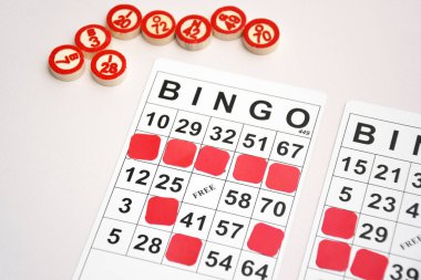 Masa başı bingo ya da loto oynamak için arka planda numaraları ve kartları olan bir sürü tahta fiş. Rus Lotosu 'nun dünya çapında klasik bingo oyunlarına benzer kuralları vardır..