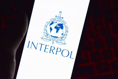 Kharkiv, Ukrayna - 16 Haziran 2022: İnterpol logosu ekranda gösterilen akıllı telefonu tutan kişi. Uluslararası Suç Polis Örgütü veya Interpol.