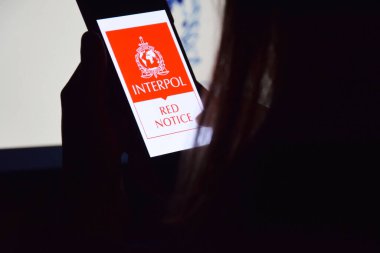 Kharkiv, Ukrayna - 16 Haziran 2022: İnterpol logosu ekranda gösterilen akıllı telefonu tutan kişi. Uluslararası Suç Polis Örgütü veya Interpol.