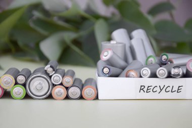 Kullanılmış AA bataryalar ve çevresel atık ve yeşil arka planda toprak toksik bataryalar. Zararlı ve geri dönüşümlü nesnelerin işlenmesi kavramı.