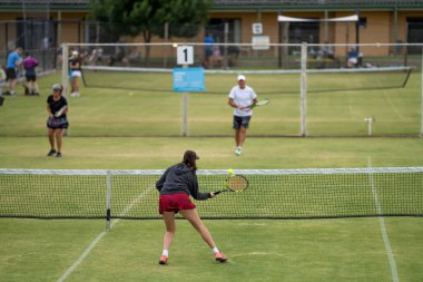 Amatör bir turnuvada tenis oynuyor ve Halle Almanya 'da çimlerde maç yapıyor.