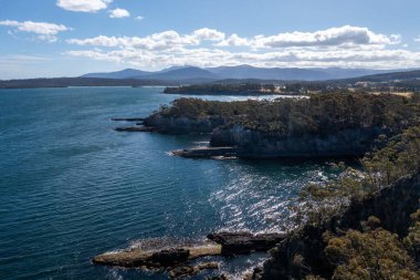 Nehir ve çimlerle kaplı bir havacılık arazisi. Sahilde sığır çiftliği ve deniz kenarında. Okyanus kıyısında ot otlayan ineklerle birlikte tarım.