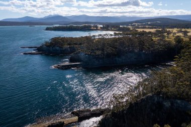 Nehir ve çimlerle kaplı bir havacılık arazisi. Sahilde sığır çiftliği ve deniz kenarında. Okyanus kıyısında ot otlayan ineklerle birlikte tarım.