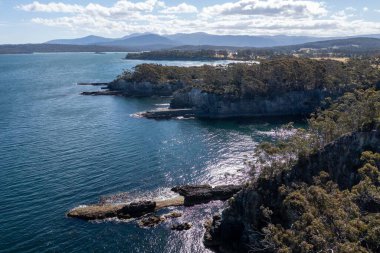 Nehir ve çimlerle kaplı bir havacılık arazisi. Sahilde sığır çiftliği ve deniz kenarında. Okyanus kıyısında ot otlayan ineklerle birlikte tarım.