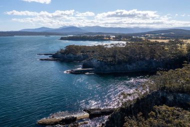 Nehir ve çimlerle kaplı bir havacılık arazisi. Sahilde sığır çiftliği ve deniz kenarında. Okyanus kıyısında ot otlayan ineklerle birlikte tarım.
