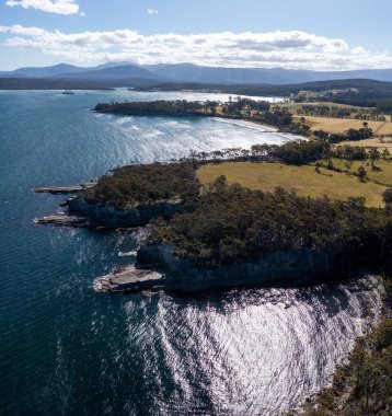 Nehir ve çimlerle kaplı bir havacılık arazisi. Sahilde sığır çiftliği ve deniz kenarında. Okyanus kıyısında ot otlayan ineklerle birlikte tarım.