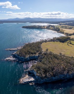 Nehir ve çimlerle kaplı bir havacılık arazisi. Sahilde sığır çiftliği ve deniz kenarında. Okyanus kıyısında ot otlayan ineklerle birlikte tarım.