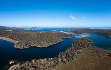 Ormanla çevrili sahil şeridindeki bir sahil kasabasının aşağı manzarası.