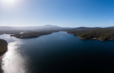 Ormanla çevrili sahil şeridindeki bir sahil kasabasının aşağı manzarası.
