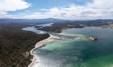 Ormanla çevrili sahil şeridindeki bir sahil kasabasının aşağı manzarası.