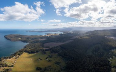 Ormanla çevrili sahil şeridindeki bir sahil kasabasının aşağı manzarası.