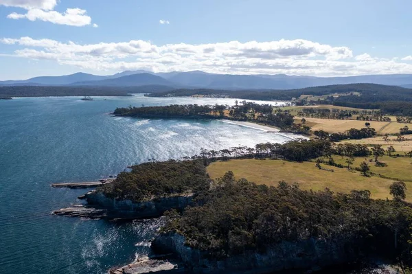 Nehir ve çimlerle kaplı bir havacılık arazisi. Sahilde sığır çiftliği ve deniz kenarında. Okyanus kıyısında ot otlayan ineklerle birlikte tarım.