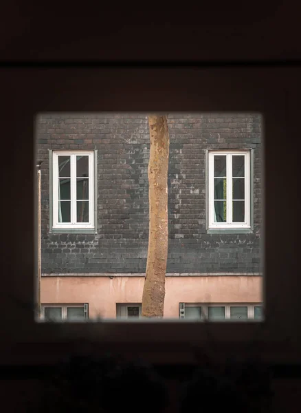 Deux Fenêtres Blanches Façade Une Maison Voisine Travers Cadre Fenêtre — Photo