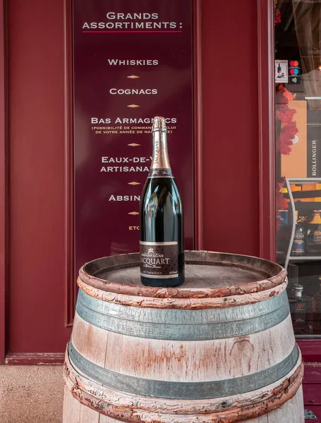 Delemont Switzerland October 2021 Bottle Champagne Wooden Barrel Front Liquor — Stock Photo, Image