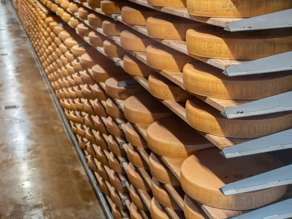 Gruyeres Switzerland November 2021 Aging Cheese Cellar Maison Gruyere Cheese — Stock Photo, Image