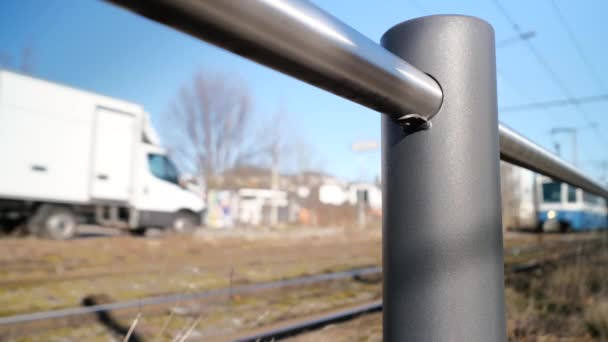 Focus Pull Gray Metal Fence Passing Blue Tram Zurich Switzerland — Stock Video