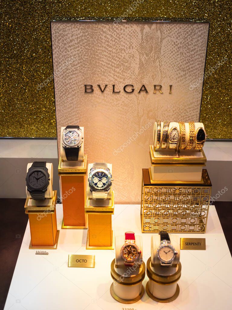 Zurich, Switzerland-December 30, 2021: Bulgari is a company based in Rome and active worldwide in the luxury goods sector and hotel industry. Known for jewellery, watches, perfume and leather goods.