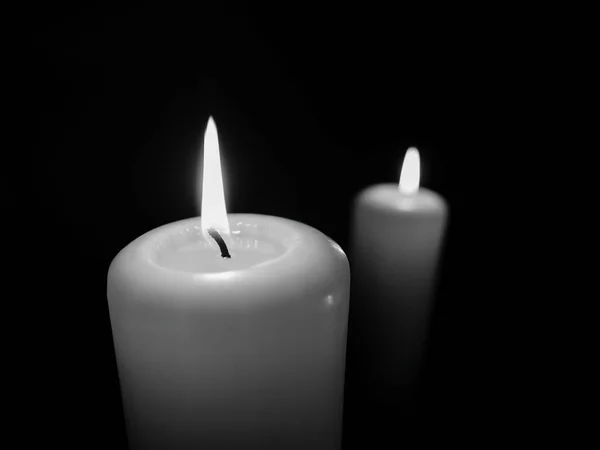 Horizontal Monochrome Photo Two Thick Lit Candles — Stock Photo, Image