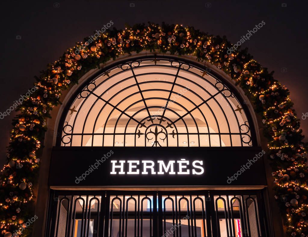 Zurich, Switzerland - December 30, 2021: Hermes is a French luxury design house for leather goods, lifestyle accessories, home furnishings, perfumery, jewelry, watches and ready-to-wear.
