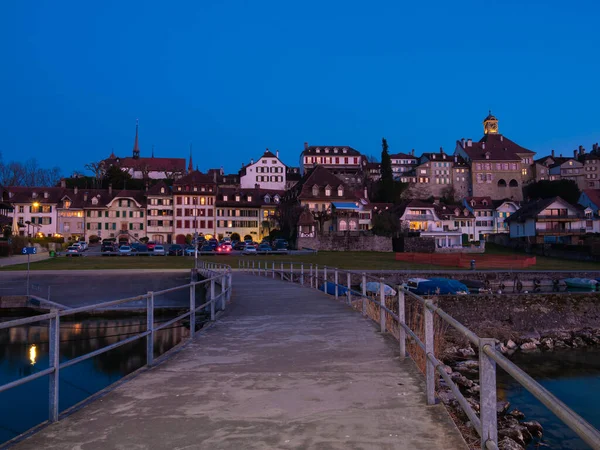 Murten Швейцарія Березень 2022 Панорама Синьої Години Середньовічного Міста Муртен — стокове фото