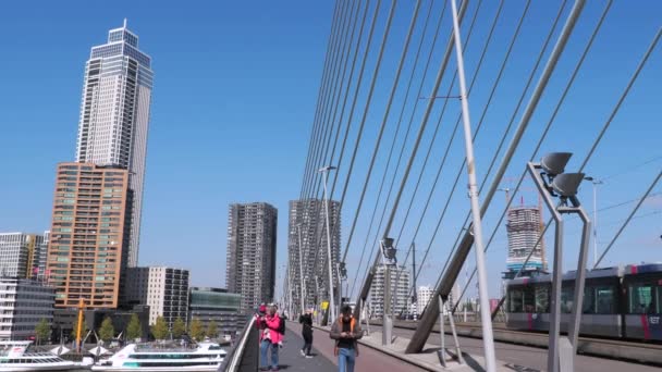 オランダ ロッテルダム2022年4月28日 ロッテルダムのエラスムス橋を渡る近代的な高層ビル 歩行者 — ストック動画