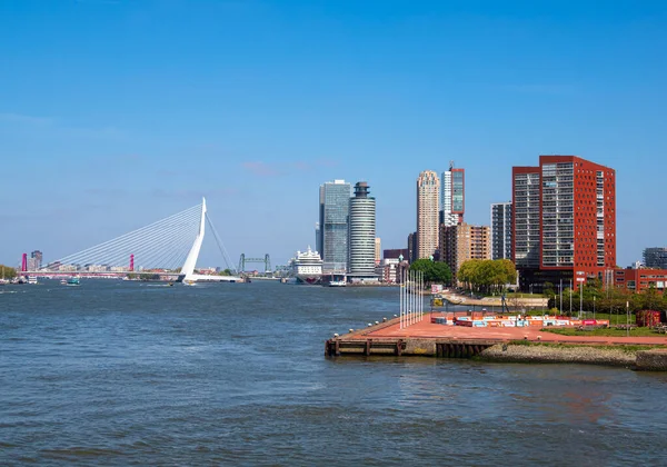 Rotterdam Hollandia 2022 Április Rotterdam Modern Belvárosának Látképe Erasmus Híddal — Stock Fotó