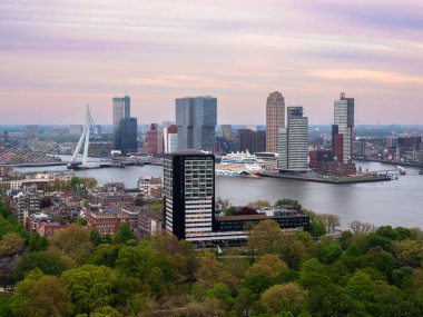 Rotterdam, Netherlands - April 28, 2022: Beautiful sunset cityscape of Rotterdam, Holland-Netherlands, from above
