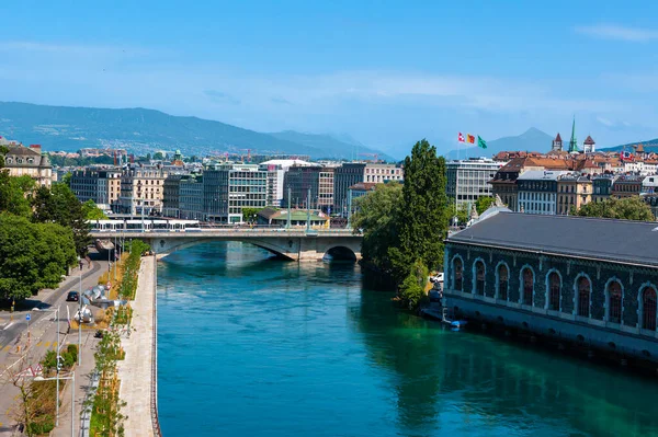 Genebra Suíça Junho 2022 Cidade Genebra Com Rio Ródano Uma — Fotografia de Stock