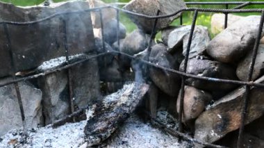 Scorched smoking log on the outdoor grill in nature