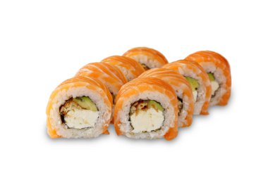 Sushi roll with salmon, eel, avocado and Philadelphia cheese. isolated on white background