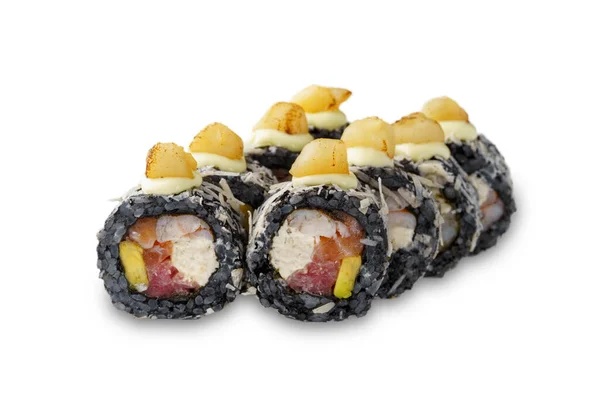 Sushi Roll Black Rice Avocado Salmon Tuna Shrimp Scallop Cheese — ストック写真