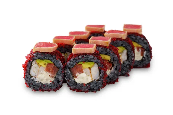 Sushi Roll Black Rice Tuna Avocado Tobiko Caviar Tomato Shrimp — ストック写真