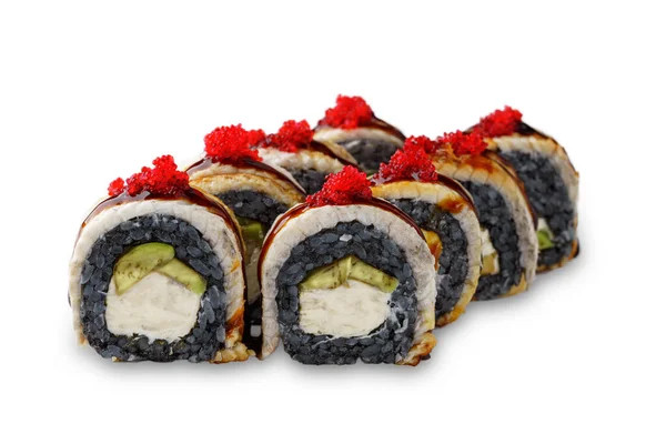 Rouleau Sushi Avec Riz Noir Anguille Avocat Caviar Tobiko Sauce — Photo