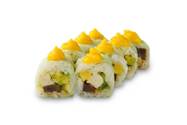 Vegetarian Sushi Roll Avocado Tofu Chukka Tree Mushroom Isolated White — Stockfoto