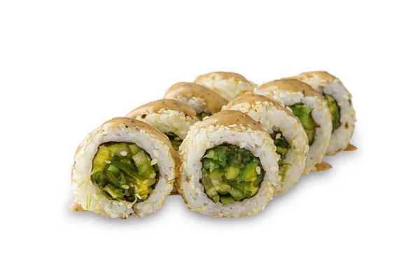 Rolo Sushi Vegetariano Com Abacate Tofu Chukka Pepino Sementes Gergelim — Fotografia de Stock