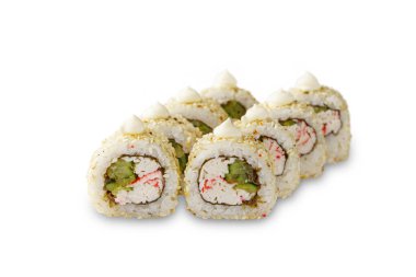 Sushi roll with crab, cucumber, sesame seeds and mayonnaise. Isolated on white background
