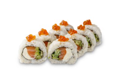 Sushi roll with salmon, cucumber, red caviar and Philadelphia cheese. Isolated on white background