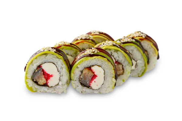 Sushi Roll Avocado Eel Tobiko Caviar Sesame Seeds Unagi Sauce — стокове фото