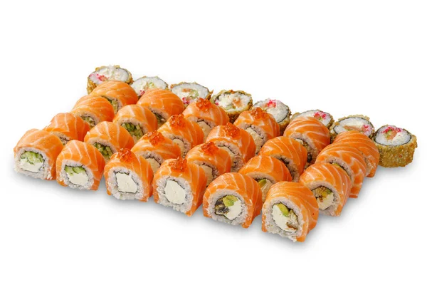 Sushi Set Four Rolls Salmon Avocado Eel Cucumber Red Caviar — Stockfoto