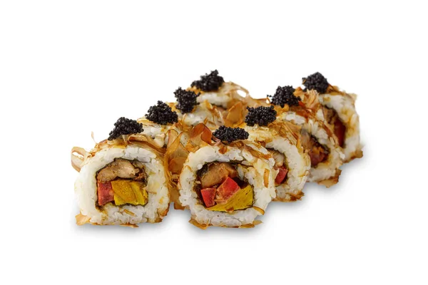 Sushi Roll Eel Omelet Tomato Caviar Isolated White Background — Photo