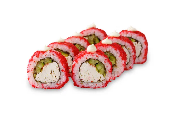 Sushi Roll Met Krab Komkommer Tobiko Kaviaar Mayonaise Geïsoleerd Witte — Stockfoto