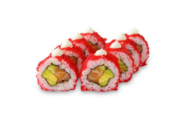 Sushi Roll Met Zalm Avocado Tobiko Kaviaar Mayonaise Geïsoleerd Witte — Stockfoto