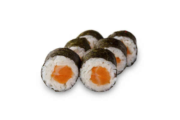 Maki Mit Sushi Rolle Und Lachs Isoliert Auf Weißem Hintergrund — Stockfoto