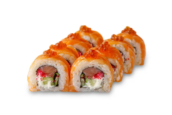 Sushi Tekercs Lazaccal Philadelphiai Sajttal Uborkával Vörös Kaviárral Fehér Alapon — Stock Fotó
