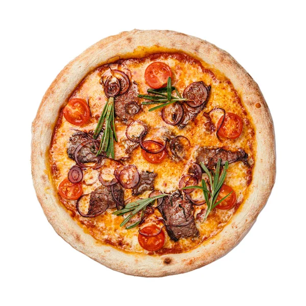 Pizza Grill Med Kalvfilé Blå Lök Med Körsbärstomater Mozzarellaost Parad — Stockfoto
