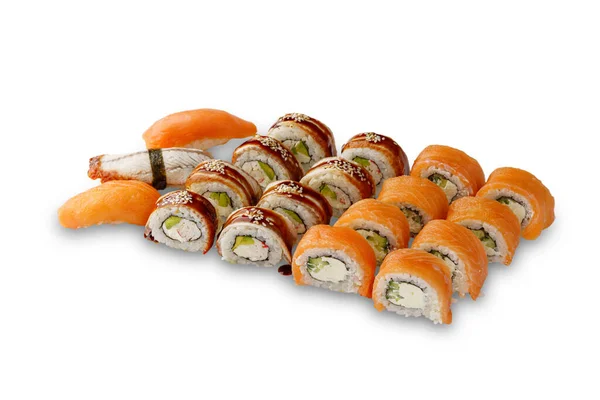 Sushi Set Met Zalm Paling Krab Avocado Komkommer Unagi Saus — Stockfoto