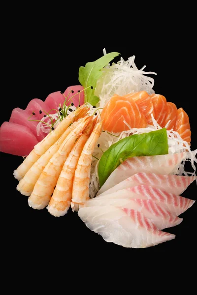 Salmão Sashimi Variado Robalo Atum Camarão Tigre Comida Japonesa Isolado — Fotografia de Stock