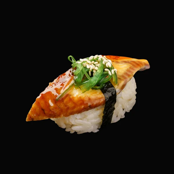 Sushi Nigiri Japonês Com Enguia Defumada Chuka Molho Unagi Gergelim — Fotografia de Stock