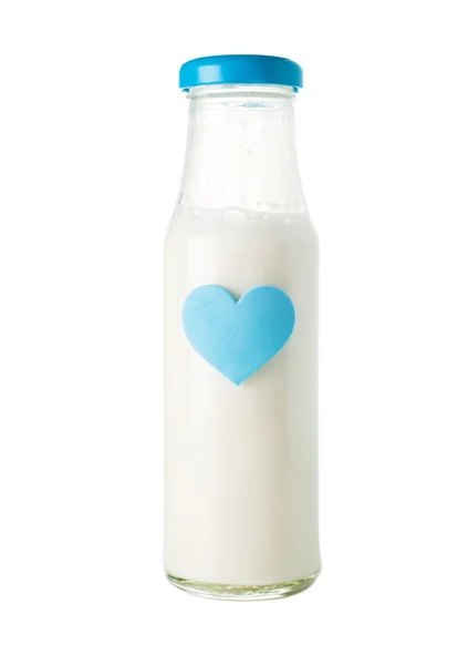 Bottle of milk with blue heart — Stock Photo, Image