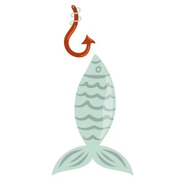 Hand drawn fish and hook, vector illustration in flat doodle style. Camping equipment for fishing isolated on white background